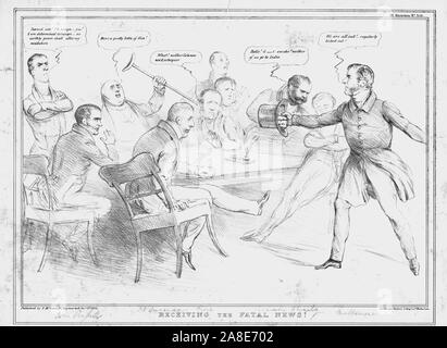 "Erhalt der tödlichen News!', 1834. George Eden, Graf von Auckland; John William Ponsonby, 4 Graf von bessborough; Henry Brougham, 1. Baron Brougham und Vaux; John Hobhouse, 1. Baron Broughton; Charles Grant, Baron Glenelg; Henry Richard Fox, 3. Baron Holland; William Lamb, 2. Viscount Melbourne; Thomas Feder Reis, 1. Baron Chile Chico von Brandon; Lord Palmerston; John Russell, 1. Earl Russell. Satirische Karikatur auf die britische Politik durch "H.B." (John Doyle). [Thomas McLean, London, 1834] Stockfoto