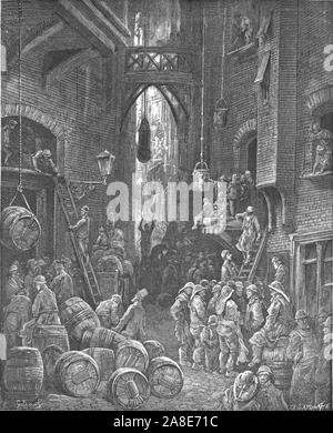 "A River Side Street", 1872. Viktorianische Lagerhaus Gassen im 19. Jahrhundert London. Von "IN LONDON. Eine Pilgerreise" von Gustave Dore und Blanchard Jerrold. [Grant und Co., 72-78, Turnmill Street, E.C., 1872]. Stockfoto