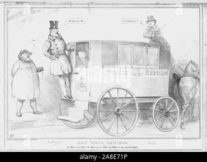 "Neue Staat Omnibus, oder der Mann wot ist Cad zum Mann wot war Cad zum Mann wot fuhr souverän", 1834. John Bull sagt 'Zeit'; Arthur Wellesley, 1. Herzog von Wellington, sagt der Busfahrer Sir Robert Peel: 'Alle recht! Klicken Sie auf Bob'. "Ist der Gemman [Deutsch] in?" fragt Schälen, Sinne der Passagier, King William IV. Satirische Karikatur von "H.B." (John Doyle). [Thomas McLean, London, 1834] Stockfoto