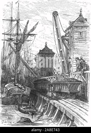 "Poplar Dock', 1872. Poplar Dock auf der Isle of Dogs, ursprünglich eine Reihe von Stauseen, die von der West India Company gebaut, 1828 wurde ein Bahnhof dock umgewandelt werden hauptsächlich Kohle aus dem Nordosten von England zu importieren. Von "IN LONDON. Eine Pilgerreise" von Gustave Dore und Blanchard Jerrold. [Grant und Co., 72-78, Turnmill Street, E.C., 1872]. Stockfoto