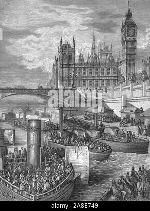 "Westminster Stairs-Steamers verlassen'. Die Westminster Bridge wurde von Thomas Seite entworfen und am 24. Mai 1862 geöffnet. Von "IN LONDON. Eine Pilgerreise" von Gustave Dore und Blanchard Jerrold. [Grant und Co., 72-78, Turnmill Street, E.C., 1872]. Stockfoto