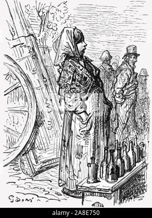 "Erfrischungen von der Weg", 1872. Eine Straße Verkäufer steht mit Flaschen am Straßenrand am Derby Tag. Von "IN LONDON. Eine Pilgerreise" von Gustave Dore und Blanchard Jerrold. [Grant und Co., 72-78, Turnmill Street, E.C., 1872]. Stockfoto