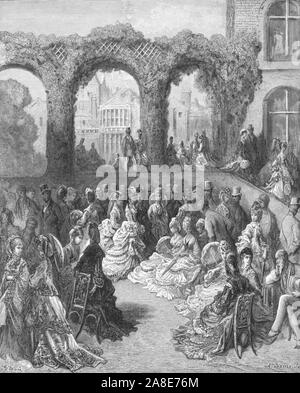 "Holland House - Garden Party', 1872. Nach dem Tod von 4 Baron Holland, seine Frau setzte London Gesellschaft Holland Haus zu unterhalten, die ursprünglich als Cope Schloss, in Kensington bekannt. Von "IN LONDON. Eine Pilgerreise" von Gustave Dore und Blanchard Jerrold. [Grant und Co., 72-78, Turnmill Street, E.C., 1872]. Stockfoto