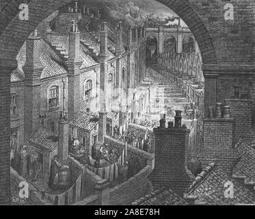 "Über London-By Rail', 1872. Frauen hängen Waschen in Terrassierten hinterhöfe unter dem Eisenbahngewölbe in London. Von "IN LONDON. Eine Pilgerreise" von Gustave Dore und Blanchard Jerrold. [Grant und Co., 72-78, Turnmill Street, E.C., 1872]. Stockfoto