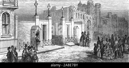 'Marlborough House-Expecting der Prinz', 1872. Menschenmassen warten draußen das Marlborough House auf Pall Mall, London home der Prinz von Wales, König Edward VII. werden würde Von "IN LONDON. Eine Pilgerreise" von Gustave Dore und Blanchard Jerrold. [Grant und Co., 72-78, Turnmill Street, E.C., 1872]. Stockfoto