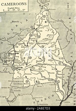 "Die Eroberung von Kamerun", den Ersten Weltkrieg, 1914-1916, (c 1920). '... Karte zeigt etwa, wie die Kolonie der deutschen Truppen geräumt war, und die Szene der Flucht ihrer wichtigsten Kraft in Spanisch Guinea". Auch gezeigt sind: 'A, Allgemeine [Charles Macpherson] Dobell Hauptspalten, mit französischen Spalten unter Oberst Mayer. B, Französische Süd spalten. C, französisch-belgischen Spalten aus Französisch Äquatorial Afrika und belgischen Kongo. D, Franco-britischen Spalten unter Brigadegeneral [Frederick Hugh] Cunliffe. E, nördlichen Spalte unter Oberstleutnant Brisset'. Deutsche Kamerun war eine Afrikanische co Stockfoto