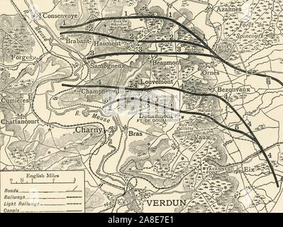 'Map zeigt die verschiedenen Phasen in der ersten Phase des Angriffs auf Verdun "nördlichen Frankreich, Erster Weltkrieg, 1916, (c 1920). "Der deutsche Angriff auf den französischen Linien bei Verdun begann auf der Ostseite des [Fluss] Maas in der Morgendämmerung am 21. Februar 1916. Die nördlichsten Linie auf der Karte gezeichnet zeigt die französische Position zur Zeit der deutschen Angriff. Die anderen Zeilen zeigen die aufeinanderfolgenden Positionen von der Französischen wie Sie zurück Am 22., 23., 24., und 25. Am Freitag, den 25. Februar die endgültige Einstellung der französischen Linie in der ersten Phase des Kampfes östlich der Maas nahm Plac Stockfoto