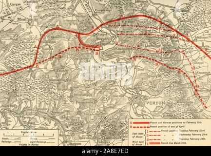 Französische und deutsche Positionen in der Schlacht von Verdun, Nordfrankreich, Erster Weltkrieg, 1916, (c 1920). Durchgezogene rote Linie zeigt an, dass Deutschland und Frankreich am 21. Februar; gestrichelte rote Linie zeigt französische Position am Ende April. Von "Die Große Welt Krieg: Eine Geschichte", Band V, herausgegeben von Frank eine Mumby. [Das Gresham Publishing Company Ltd., London, c 1920] Stockfoto