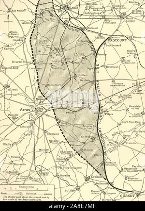 "Das Schlachtfeld von Arras', Erster Weltkrieg, c 1917, c 1920) '... Karte etwa zeigt (durch die schattigen Teil) der Boden durch die britische Armee bis zu den [deutschen Feldmarschall von] Hindenburg Linie gewonnen, und der Wechsel zwischen Drocourt und Qu&#xe9;Ant, in der Schlacht von Arras'. Von 9. April bis 16. Mai 1917, Britische Truppen angegriffen deutsche Abwehr in der Nähe der Französischen Stadt Arras an der Westfront. Von "Die Große Welt Krieg: Eine Geschichte", Band VII, herausgegeben von Frank eine Mumby. [Das Gresham Publishing Company Ltd., London, c 1920] Stockfoto