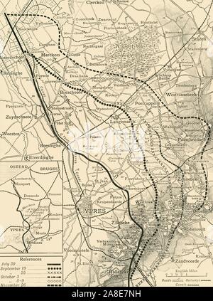 "Die Kämpfe der Flandern Bergrücken, vom 30. Juli bis 26. November 1917', (c 1920). '... Karte aufeinander folgenden Stufen der Vorauszahlung der Alliierten... Inset, Key Karte der Flandern vorne und der Seewärtigen Ende der Linien der Alliierten am 30. Juli 1917". Die dritte Schlacht von Ypern, auch als die Schlacht von Passchendaele bekannt, die auf dem belgischen Western Front fand von Juli bis November 1917. Es wurde zwischen der britischen, der belgischen und der französischen Armeen gegen die Deutschen gekämpft, und für den Tod von Hunderttausenden von Männern geführt. Von "Die Große Welt Krieg: Eine Geschichte", Band VII, von Frank M bearbeitet Stockfoto