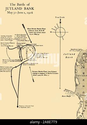 "Die Schlacht von Jütland Bank, Mai 31 - Juni 1, 1916', (c 1920). 'Map zeigt die ungefähren Positionen der britischen und deutschen Flotten in verschiedenen Phasen der Schlacht". Die Schlacht von Jütland war eine Seeschlacht in der Nordsee gekämpft zwischen der britischen Royal Navy Grand Fleet unter Admiral Sir John jellicoe, und die Kaiserlichen der Deutschen Marine auf Hoher See Flotte unter Vizeadmiral Reinhard Scheer. Es war die größte Seeschlacht des Ersten Weltkrieges. Von "Die Große Welt Krieg: Eine Geschichte", Band IX, herausgegeben von Frank eine Mumby. [Das Gresham Publishing Company Ltd., London, c 1920] Stockfoto