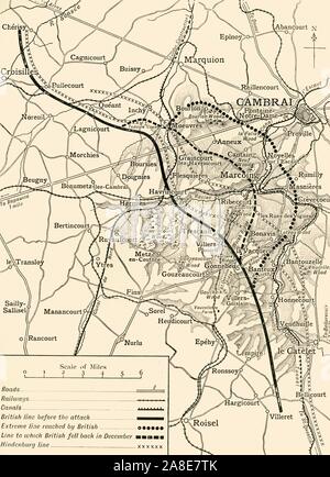 'Map zur Veranschaulichung der ersten Schlachten von Cambrai, November-Dezember 1917', (c 1920). 'Hinweis - Hill Schattierung ist nur für die Bereiche, die durch die Sphäre der Maßnahmen beschrieben." angegeben. Die Schlacht von Cambrai während des Ersten Weltkrieges wurde rund um die Stadt Cambrai in Frankreich gekämpft. Ebenfalls angegeben sind: "Britische Linie vor dem Angriff", "Extreme Line von Britischen' erreicht", an den die Britischen fiel im Dezember' und die 'Hindenburg'. Von "Die Große Welt Krieg: Eine Geschichte", Band VII, herausgegeben von Frank eine Mumby. [Das Gresham Publishing Company Ltd., London, c 1920] Stockfoto