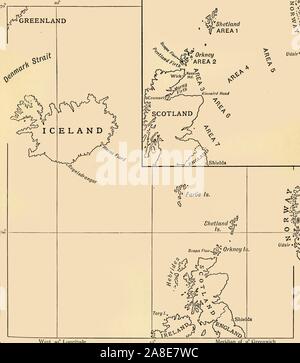 'Map Mit der Umfang des Betriebs der 10 Cruiser Squadron", Erster Weltkrieg, 1916, (c 1920). Auch als die nördliche Patrouille die Staffel, die in der Nordsee betrieben bekannt - hier dargestellt sind Island, die Färöer, Shetland und Orkney Inseln, Schottland und der Küste von Norwegen. Der 10 Cruiser Squadron, auch als Cruiser Force B bekannt, eine Formation wurde der Kreuzer der Royal Navy von 1913 bis 1917. Von "Die Große Welt Krieg: Eine Geschichte", Band IX, herausgegeben von Frank eine Mumby. [Das Gresham Publishing Company Ltd., London, c 1920] Stockfoto