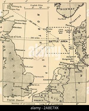 "Der Schauplatz der Schlacht von Jütland, 31. Mai - 1. Juni 1916', (c 1920). Karte von der Nordsee, die die Küsten von Norwegen, Dänemark, Deutschland, Holland, Belgien und Großbritannien. Die Schlacht von Jütland war eine Seeschlacht zwischen der britischen Royal Navy Grand Fleet unter Admiral Sir John jellicoe gekämpft, und die Kaiserlichen der Deutschen Marine auf Hoher See Flotte unter Vizeadmiral Reinhard Scheer. Es war die größte Seeschlacht des Ersten Weltkrieges. Von "Die Große Welt Krieg: Eine Geschichte", Band IX, herausgegeben von Frank eine Mumby. [Das Gresham Publishing Company Ltd., London, c 1920] Stockfoto