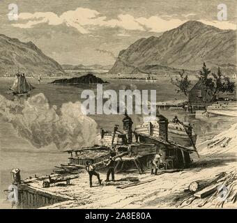 "Die Hudson, südlich von Newburg', 1874. Industrie an den Ufern des Flusses Hudson, New York State, USA. Von "Malerische Amerika; oder, in das Land, in der wir leben, eine Abgrenzung durch Kugelschreiber und Bleistift auf die Berge, Flüsse, Seen... mit Abbildungen auf Stahl und Holz von bedeutenden amerikanischen Künstlern" Vol. II, von William Cullen Bryant bearbeitet werden. [D. Appleton und Company, New York, 1874] Stockfoto