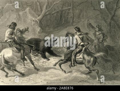 'Native Kalifornier Lassoing ein Bär", 1874. Drei amerikanische Männer zu Pferd versuchen, Seil ein grizzly Bär zu. Von "Malerische Amerika; oder, in das Land, in der wir leben, eine Abgrenzung durch Kugelschreiber und Bleistift auf die Berge, Flüsse, Seen... mit Abbildungen auf Stahl und Holz von bedeutenden amerikanischen Künstlern" Vol. II, von William Cullen Bryant bearbeitet werden. [D. Appleton und Company, New York, 1874] Stockfoto