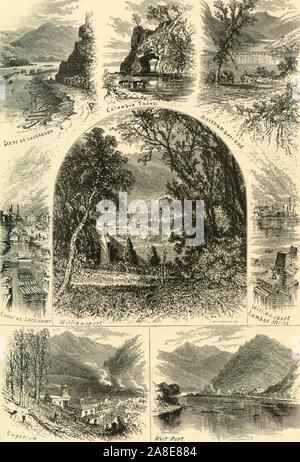 Die cenes auf dem Susquehanna', 1874. "Szene am Lockhaven; Columbia Tunnel; Northumberland; Canal an Lockhaven; Laibach; Laibach; Lumber-Mills Emporium; West-Port', auf dem Susquehanna River, im Osten der USA. Von "Malerische Amerika; oder, in das Land, in der wir leben, eine Abgrenzung durch Kugelschreiber und Bleistift auf die Berge, Flüsse, Seen... mit Abbildungen auf Stahl und Holz von bedeutenden amerikanischen Künstlern" Vol. II, von William Cullen Bryant bearbeitet werden. [D. Appleton und Company, New York, 1874] Stockfoto