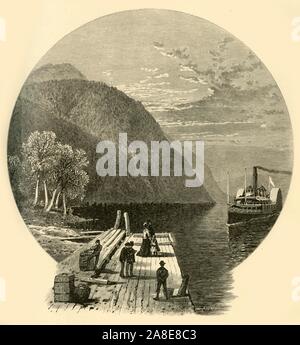 "Owl's Head Landung', 1874. Dampfschiff bei einem Steg am See Memphremagog, Quebec, Kanada anreisen. ... Der Eule Kopf, ein Berg andere rund um den See in der Form und Größe" übertroffen. Von "Malerische Amerika; oder, in das Land, in der wir leben, eine Abgrenzung durch Kugelschreiber und Bleistift auf die Berge, Flüsse, Seen... mit Abbildungen auf Stahl und Holz von bedeutenden amerikanischen Künstlern" Vol. II, von William Cullen Bryant bearbeitet werden. [D. Appleton und Company, New York, 1874] Stockfoto