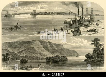 'La Crosse, und die Landschaft Über', 1874. Steamboat Landung auf dem Fluss Mississippi an die Stadt La Crosse, Wisconsin, USA, und die Landschaft weiter flussaufwärts. "... Die Stadt La Crosse, auf der Wiese, wo alle die Indianerstämme ... verwendet, um die große Kugel - spielen, dass Spiel, das die französische Reisende "La Crosse", die ihren Namen in diesem mitreißenden Stadt gegeben hat, in dem es produziert... oberhalb von La Crosse, das Tal des Mississippi erweitert erheblich... den Fluss perfekt besetzt ist mit Inseln ... bedeckt mit ein dichtes Wachstum von Strauch - Eiche, aus der occasio Stockfoto