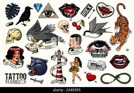 Old school Tattoo. tiger und Lippen, Adler und schlucken, Schädel und Vogel in Rock Stil. Graviert Hand gezeichnet Vintage Retro Skizze für Notebook oder Logo Stock Vektor
