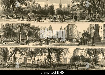 "Washington, Madison und Union Squares', 1874. Fußgänger und Kutschen auf den Plätzen von New York City, USA. "Union Square liegt an der Biegung der Hauptkapitel von Broadway... Madison Square ... mit großen Hotels und Orte auf der Westseite und sedieren, aristokratischen, Braun - Häuser aus Stein auf der anderen beschränkt. Es ist an einem Punkt, dass das gesellschaftliche Zentrum der Stadt" betrachtet wird. In der Mitte rechts ist der Wert Denkmal. Von "Malerische Amerika; oder, in das Land, in der wir leben, eine Abgrenzung durch Kugelschreiber und Bleistift auf die Berge, Flüsse, Seen... mit Abbildungen auf Stahl und Holz von bedeutenden Bin Stockfoto