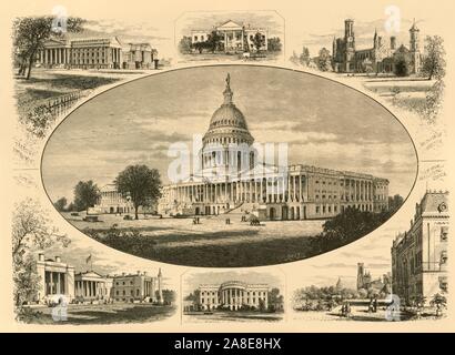 'Öffentliche Gebäude in Washington", 1874. "Treasury; Weiße Haus Vorderansicht; Smithsonian Institute; [Capitol], Rathaus, Weiße Haus Rückansicht; Blick von landwirtschaftlichen Gründe", Washington DC, USA. "Das auffälligste Objekt in Washington ist zweifellos die herrlichen weißen Marmor Capitol... Es erhebt sich majestätisch über alle umgebenden Objekte, mitten in einem Nest von Dick und dunkel grünen Laub, auf einen Hügel des Berges, auf die er seinen Namen gibt; seine sehr hohen Kuppel, mit ihren Reihen von Säulen, die die reiche Ornamentik, und seinem Gipfel durch die kolossale Statue der Freiheit überwunden, Stockfoto