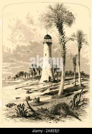 'Bar Leuchtturm, Mündung des St. John's River", 1872. Verlassenen Leuchtturm an der Küste von Florida, South Eastern USA. "Der erste Leuchtturm im Jahre 1830 in der Nähe der Mündung des Flusses gebaut wurde ... von 1835, die Vordringenden meer Leuchtturm untergraben hatte, und es wurde abgerissen und durch einen zweiten Leuchtturm' [hier] ersetzt. Von "Malerische Amerika; oder, in das Land, in der wir leben, eine Abgrenzung durch Kugelschreiber und Bleistift auf die Berge, Flüsse, Seen... mit Abbildungen auf Stahl und Holz von bedeutenden amerikanischen Künstlern" Bd. I, herausgegeben von William Cullen Bryant. [D. Appleton und Company, New York, 1872] Stockfoto