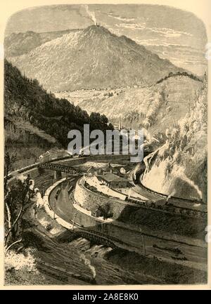 Bin auch Klumpen und Mount Pisgah", 1872. Anzeigen von Dampflokomotiven und Kohle Lastkähne in der Stadt Mauch Chunk, der Talstation der Mauch Chunk und Gipfel Eisenbahn, Pennsylvania, USA. Dies war ein Schwerpunkt der Kohle, dem Leiter der Lehigh Kanals für den Versand an den Delaware River, 43 Kilometer stromabwärts. Es war das erste operationelle uns Bahn jede wesentliche Länge zu zahlende Passagiere und lief von 1828 bis 1932. Von "Malerische Amerika; oder, in das Land, in der wir leben, eine Abgrenzung durch Kugelschreiber und Bleistift auf die Berge, Flüsse, Seen... mit Abbildungen auf Stahl und Stockfoto