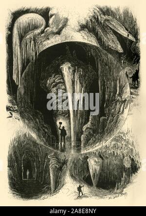 "Kammern in Weyer Höhle", 1872. "Der Braut Schleier, die Auster, der Turm von Babel, der Ghost Kammer, die Shell Zimmer': Felsformationen in der Weyer Höhle, (später als der großartige Höhlen bekannt) in der Stadt von Grotten, Virginia, USA. Von "Malerische Amerika; oder, in das Land, in der wir leben, eine Abgrenzung durch Kugelschreiber und Bleistift auf die Berge, Flüsse, Seen... mit Abbildungen auf Stahl und Holz von bedeutenden amerikanischen Künstlern" Bd. I, herausgegeben von William Cullen Bryant. [D. Appleton und Company, New York, 1872] Stockfoto