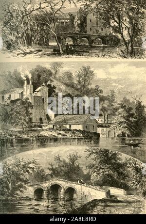 Rollende Mühlen und Brücken auf der Antietam Creek, 1872. 'Alte Brücke und Mühle, Antietam - Antietam Rolling-Mill - Burnside Bridge'. Burnside's Bridge in der Nähe von Sharpsburg, Maryland, USA, spielte eine wichtige Rolle in der Schlacht von Antietam im September 1862 während des Amerikanischen Bürgerkriegs. Von "Malerische Amerika; oder, in das Land, in der wir leben, eine Abgrenzung durch Kugelschreiber und Bleistift auf die Berge, Flüsse, Seen... mit Abbildungen auf Stahl und Holz von bedeutenden amerikanischen Künstlern" Bd. I, herausgegeben von William Cullen Bryant. [D. Appleton und Company, New York, 1872] Stockfoto