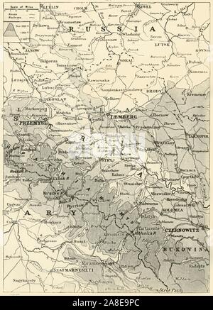 'Map zur Veranschaulichung der Russischen Rückzug aus Galizien im Sommer 1915", 1916. Strategische Rückzug aus dem Galicia-Poland der Kaiserlich Russischen Armee im September 1915, waren die Russen' kritisch unter ausgestattet. Von "Der Krieg illustrierte Album De Luxe - Band IV. Die Sommerkampagne - 1915", herausgegeben von J.A.Hammerton. [Die Amalgamated Press Limited, London, 1916] Stockfoto