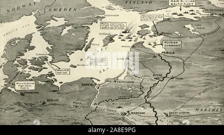 'Map, die die Position der Allied Naval Sieg in der Ostsee", 1916. Ein britisches U-Boot Flotte in der Ostsee betrieben für drei Jahre während des Ersten Weltkriegs, am 19. August 1915, HMS E13 wurde in neutralen Gebiet gestrandet sind und von einem Deutschen Torpedoboot zerstört. Von "Der Krieg illustrierte Album De Luxe - Band IV. Die Sommerkampagne - 1915", herausgegeben von J.A.Hammerton. [Die Amalgamated Press Limited, London, 1916] Stockfoto