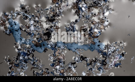 Kunststoff wird in Wasserbecken und schrittweise durch Sonne und Wellen zerstört. Plastische Teilchen sammeln sich in Felder und Klumpen auf der Wasseroberfläche und in der t Stockfoto