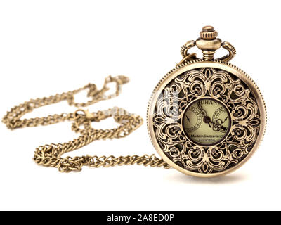 Moderne prunkvolle Taschenuhr und Kette. Stockfoto