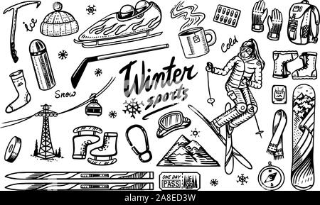 Wintersport Saison. Vintage Snowboarden und Skifahren, Skispringen Athleten, Seilbahn, Zahnradbahn oder Seilbahn, Schlittschuhe, warme Kleidung für den Außenbereich Stock Vektor