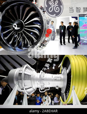 Shanghai. 8. November, 2019. Combo Foto zeigt Besucher betrachten ein Modell von GE Aircraft Engine bei der ersten China International Import Expo (CIIE) in Shanghai, China, November 5, 2018 (oben), und die Besucher zu einem Modell der Sprung aricraft Motor am Stand der GE Appliances suchen während des Zweiten CIIE, November 8, 2019 (unten). Viele Unternehmen, die die erste CIIE letztes Jahr besuchte dieses Jahr wieder Hoffnung, globalen Markt über die Expo zu erweitern. Credit: Fang Zhe/Xinhua/Alamy leben Nachrichten Stockfoto