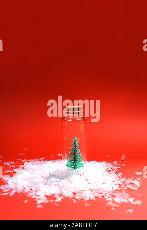 Weihnachtsbaum mit Schnee im kleinen Glas Glas auf rotem Hintergrund. Kreative winter Neues Jahr Hintergrund. Minimale neues Jahr Konzept. Ansicht von oben, flach. Stockfoto