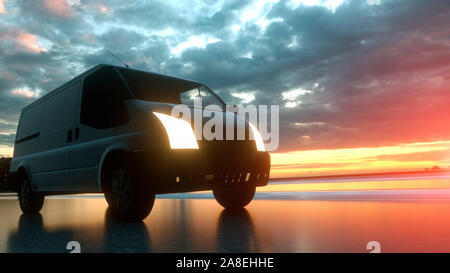 Schnelle Lieferung Van auf der Autobahn. 3D-Rendering. Stockfoto