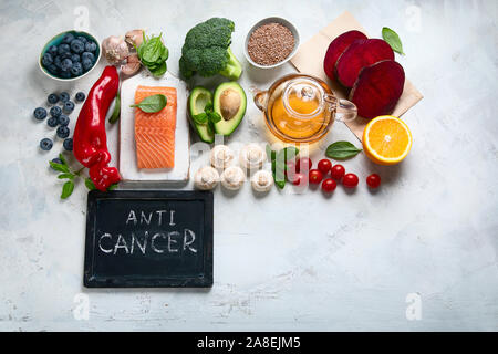 Anti Krebs essen. Nahrungsmittel, senken das Risiko von Krebs konnte. Ansicht von oben, flach Stockfoto