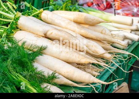 Weiße Möhre in einem Bauernmarkt zum Verkauf. Gemüse. Stockfoto