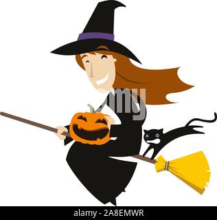 Halloween Besen fliegende Hexe Hut mit Kürbis und Schwarze Katze Stock Vektor