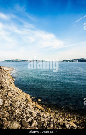 Blick auf die Skyline von Seattle Alki Beach in West Seattle, Washington State. Die Louis Dreyfus Corp Anschlußklemme 86 der Körnerelevator befindet sich auf der rechten Seite. Stockfoto
