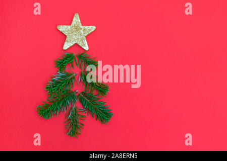 Kreative Weihnachtsbaum aus Kiefernholz Zweigen und goldenen Stern auf rotem Hintergrund Stockfoto