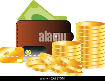 Leder Geldbörse mit Geld und goldenen Münzen. Stock Vektor