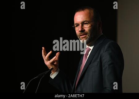 08 November 2019, Bayern, Würzburg: Manfred Weber (CSU), Vorsitzender der EVP-Fraktion im Europäischen Parlament, Gesten während einer Rede auf dem Kongress der CDU/CSU-lokale politische Union. Foto: Nicolas Armer/dpa Stockfoto