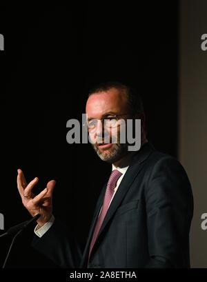 08 November 2019, Bayern, Würzburg: Manfred Weber (CSU), Vorsitzender der EVP-Fraktion im Europäischen Parlament, Gesten während einer Rede auf dem Kongress der CDU/CSU-lokale politische Union. Foto: Nicolas Armer/dpa Stockfoto