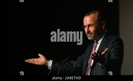 08 November 2019, Bayern, Würzburg: Manfred Weber (CSU), Vorsitzender der EVP-Fraktion im Europäischen Parlament, Gesten während einer Rede auf dem Kongress der CDU/CSU-lokale politische Union. Foto: Nicolas Armer/dpa Stockfoto