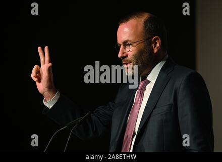 08 November 2019, Bayern, Würzburg: Manfred Weber (CSU), Vorsitzender der EVP-Fraktion im Europäischen Parlament, Gesten während einer Rede auf dem Kongress der CDU/CSU-lokale politische Union. Foto: Nicolas Armer/dpa Stockfoto