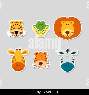 Cute cartoon Tier Gesichter. Sticker mit lustigen Zeichen. Leopard, Krokodil, Löwe, Giraffe, Tiger und Zebra. Flache Vektor illustartion. Stock Vektor