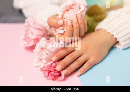 Closeup schöne, gut gepflegte weibliche Hände und rosa Blumen auf einem bunten Hintergrund. Pflege, Wellness, Qualität professionelle Maniküre, Beauty und Art Stockfoto